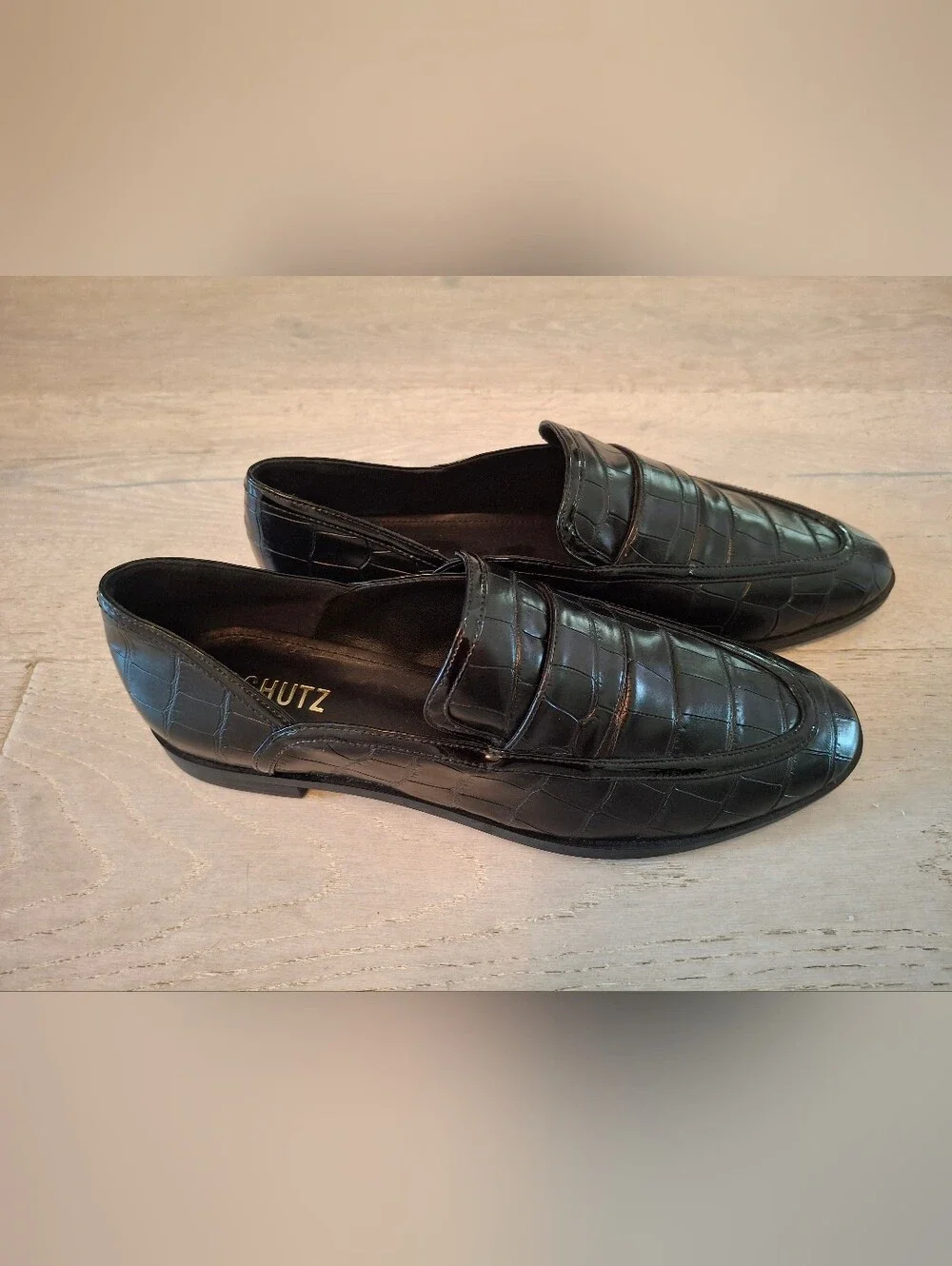 SCHUTZ Black Croc-Embossed Leather Penny Loafers